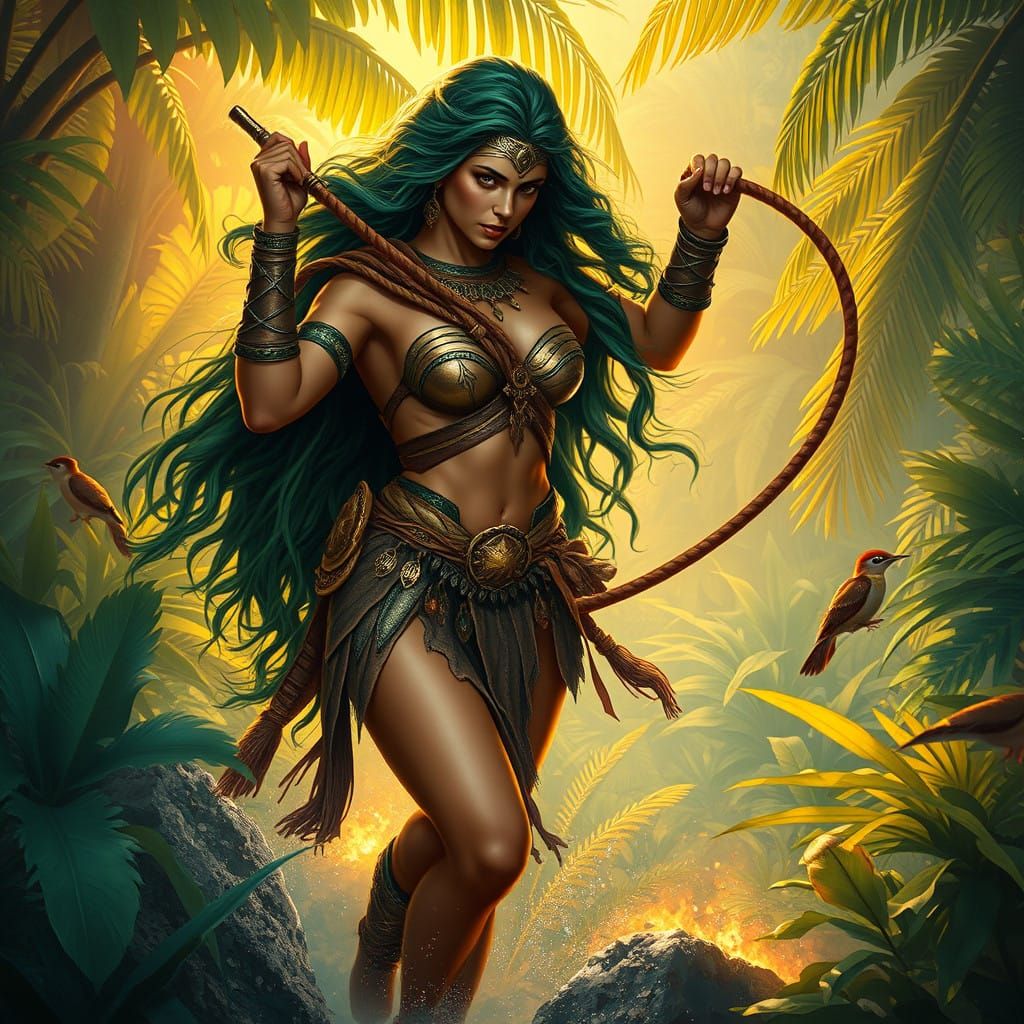 Majestic Amazon Warrior Emerges from Vibrant Tropical Paradi...