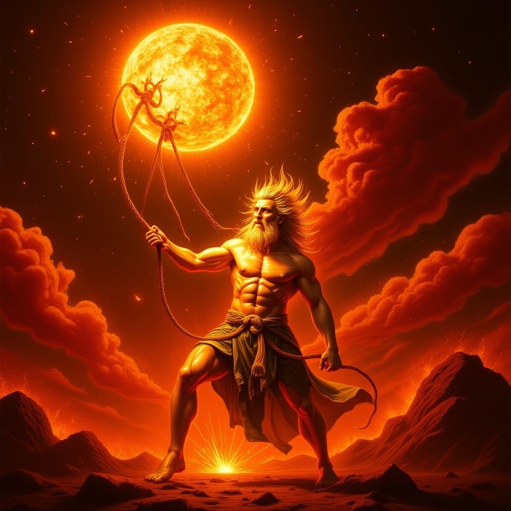 The Sun God is pulling the blazing sun down from the sky