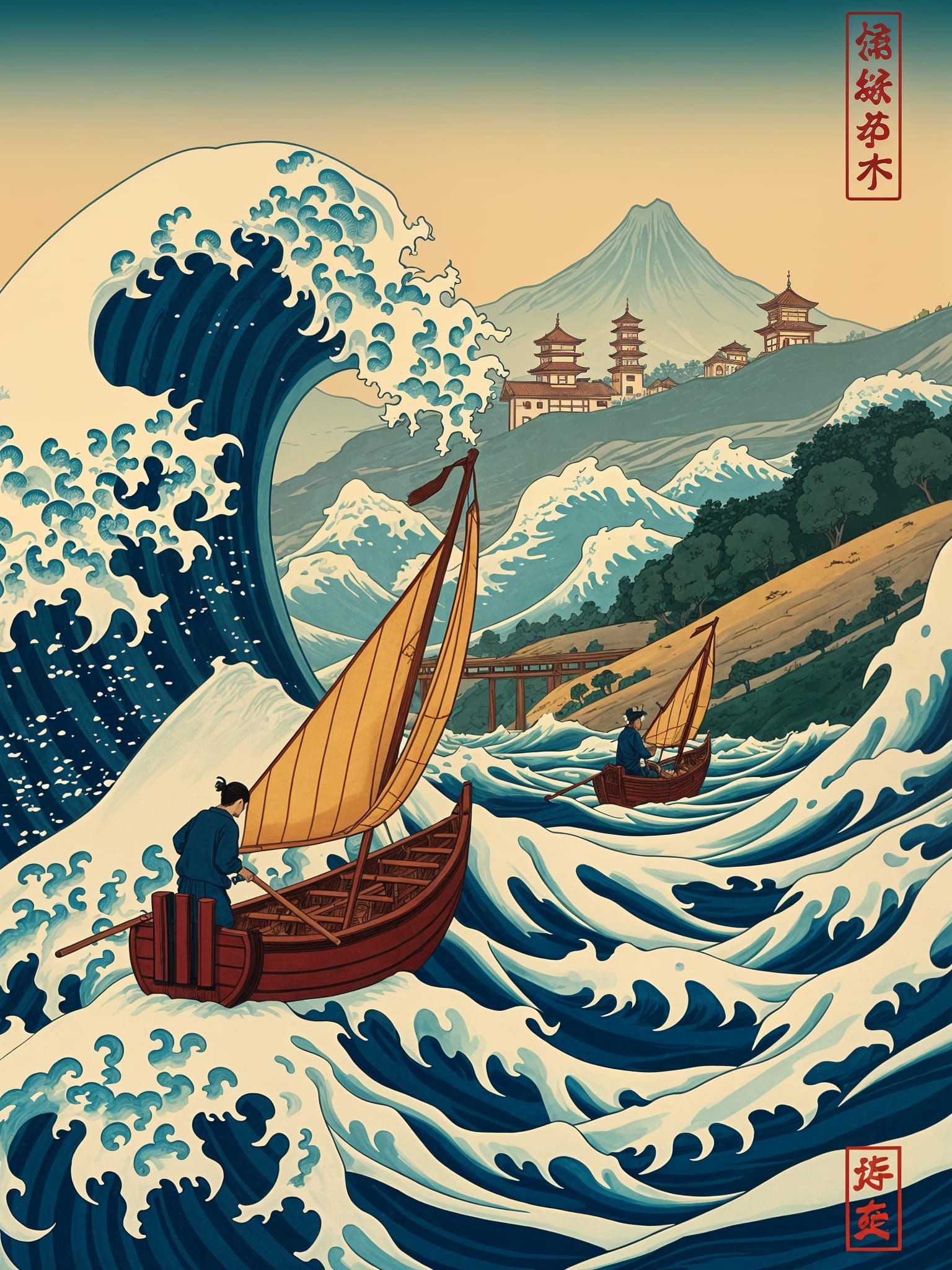 Ukiyo-e Fishermen in Stormy Sea