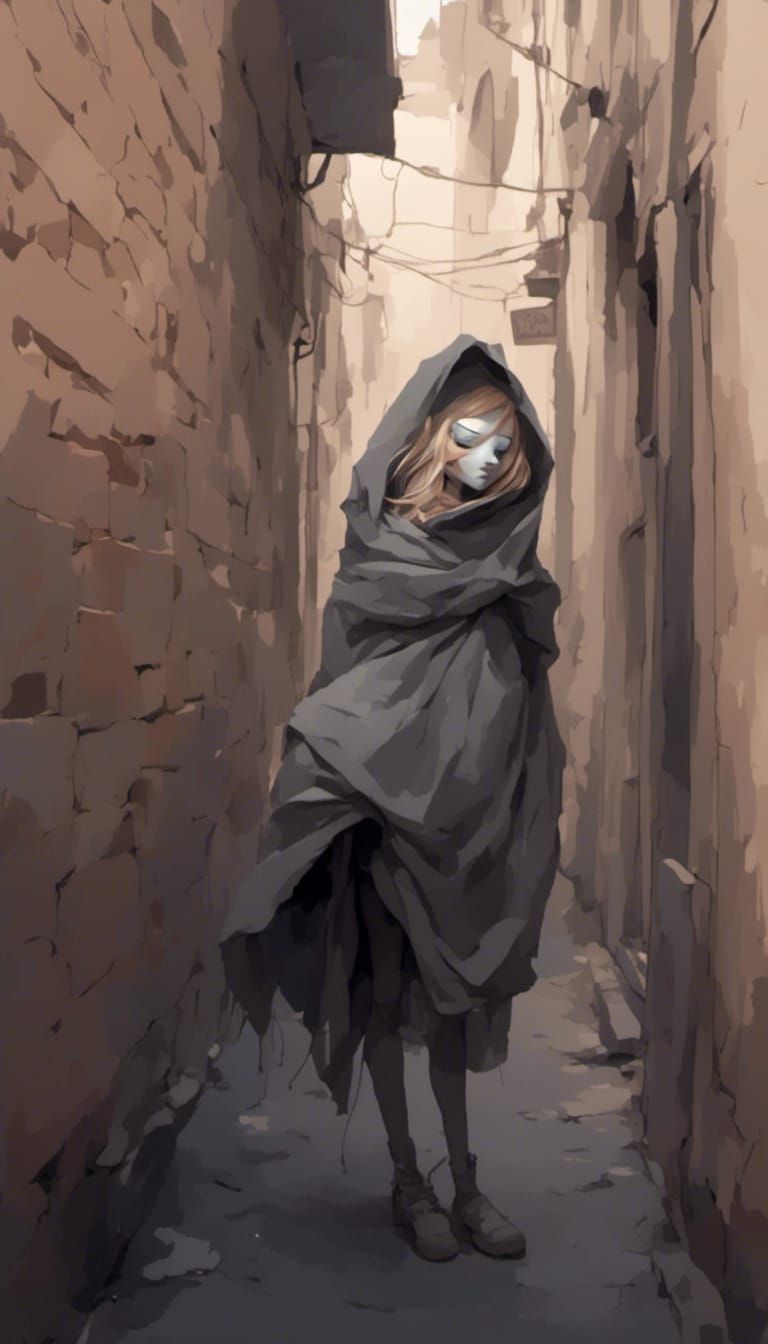 A mysterious wrapped stranger in an alley.