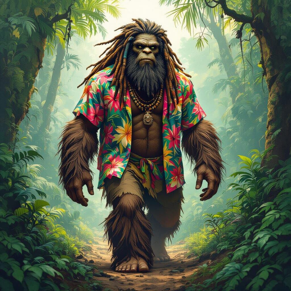 Polynesian Rasta Bigfoot in Tropical Forest Art