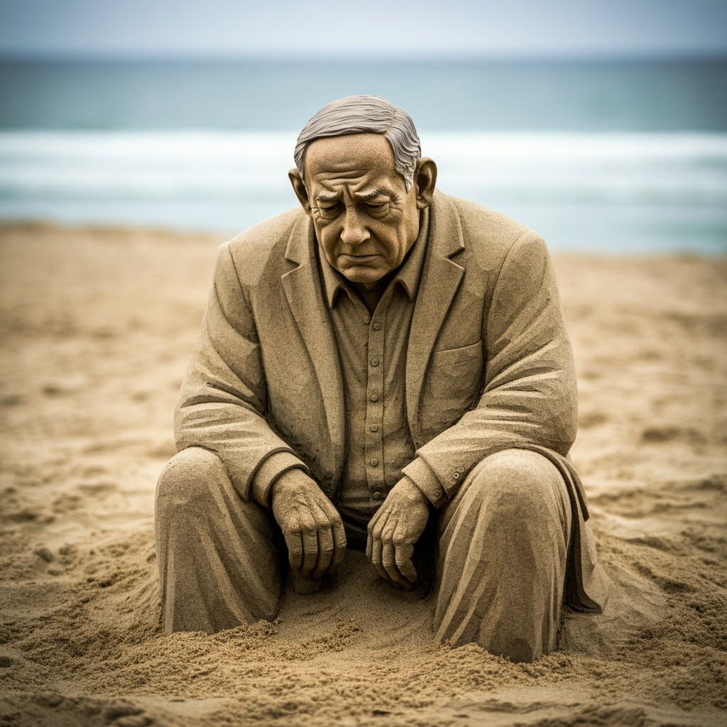 Benjamin Netanyahu Sand Sculpture as Frail Elderly Man