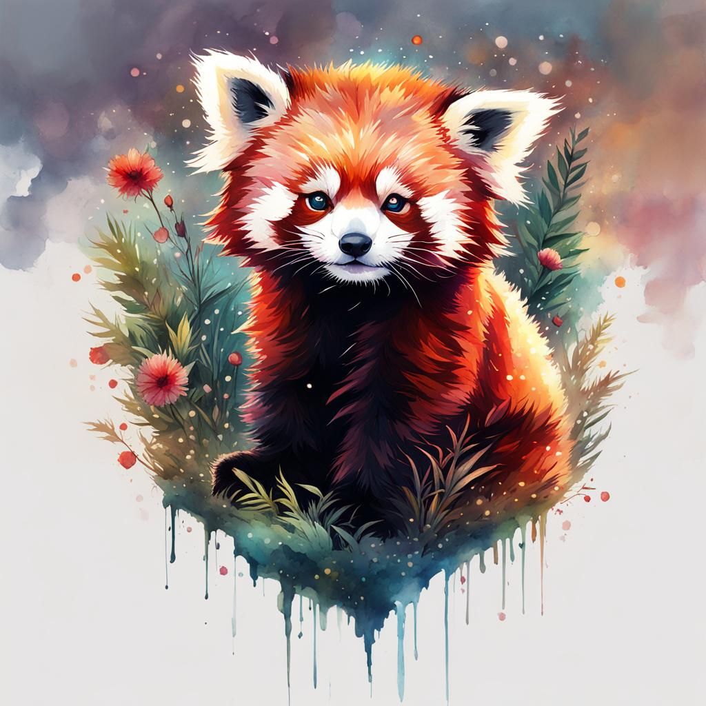 Chibi Red Panda in Luminous Forest: Watercolor Art