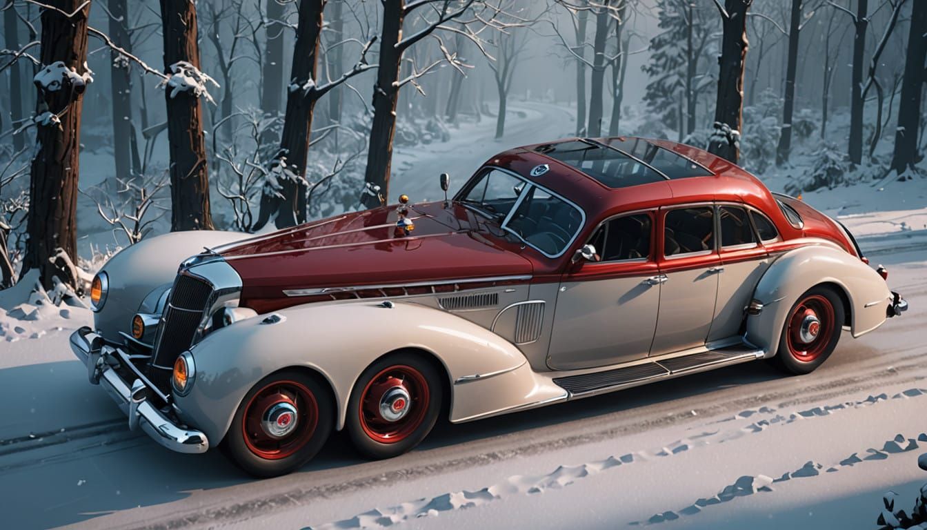 Glamorous Snow-Covered Roadster in Industrial Art Deco Style