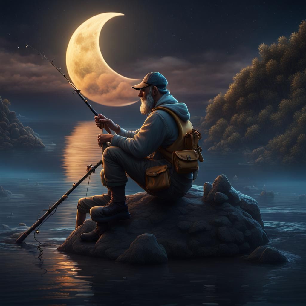 Fisherman on Crescent Moon: Detailed Fantasy Art