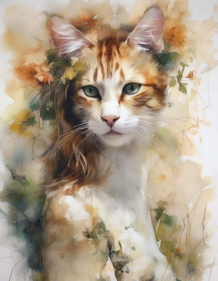 Whimsical Calico Cat in Dreamlike Watercolor Setting