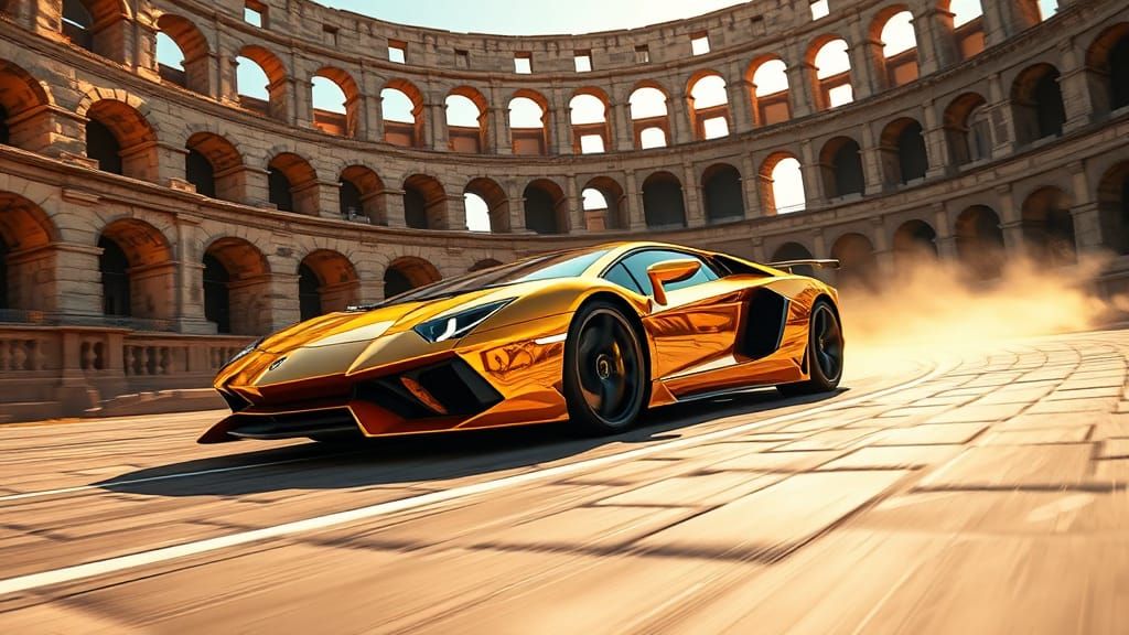 A gold Lamborghini Aventador SVJ revving up inside the Colosseum.