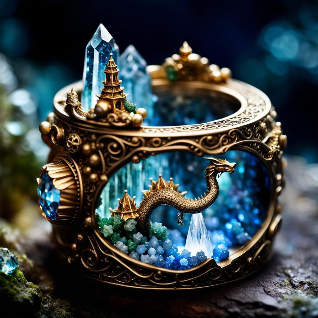 Majestic Crystal Ring with Miniature Chinese Wonderland