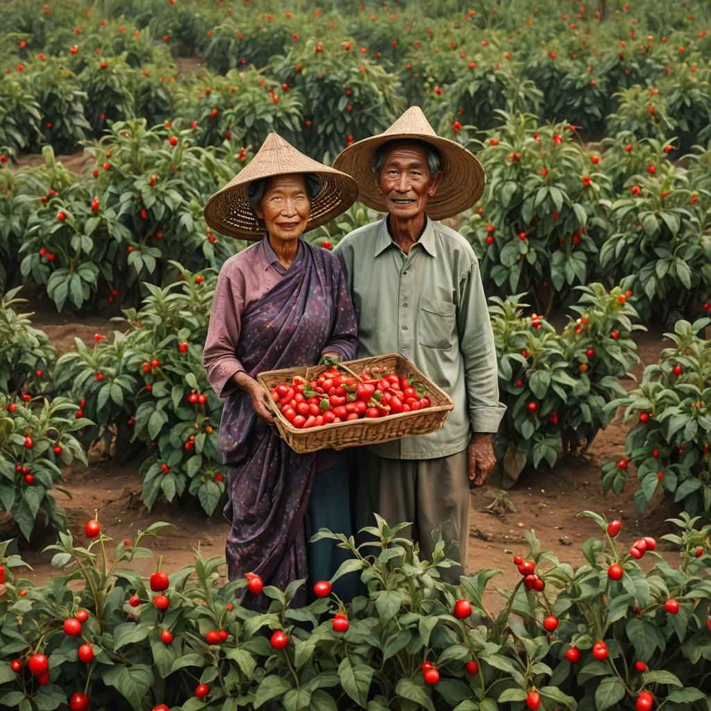 Myanmar Couple in Chili Field: Realistic Matte Painting