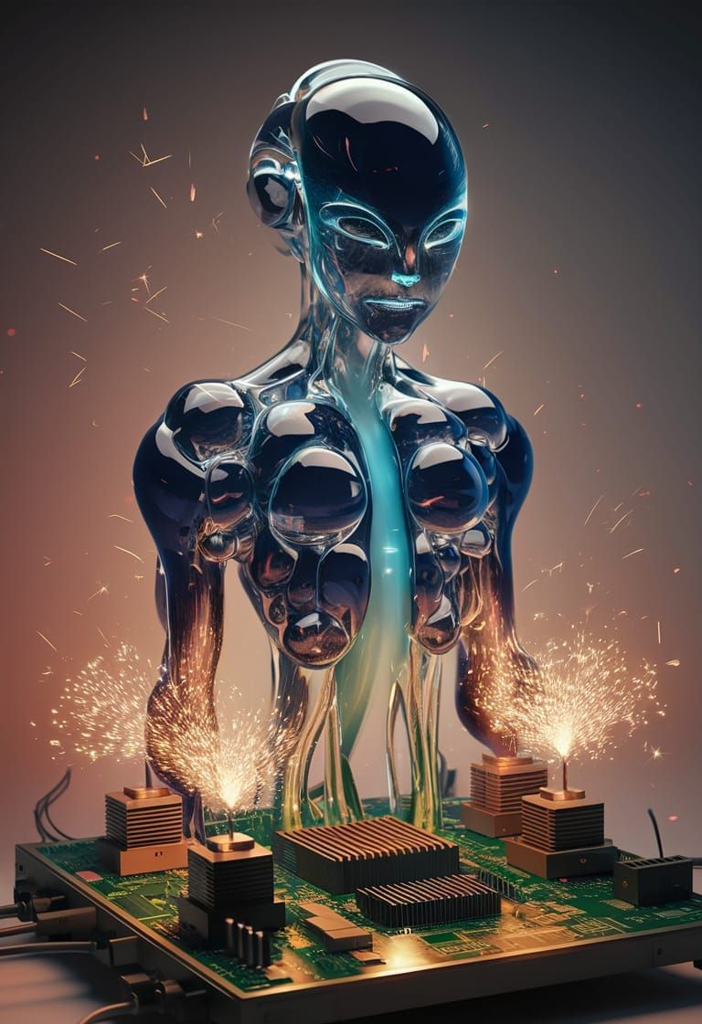 Molten Glass AI Sculpture with Motherboard Base