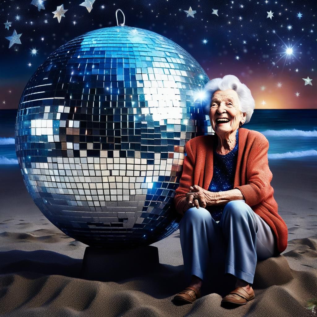 Laughing Woman with Disco Ball on Beach