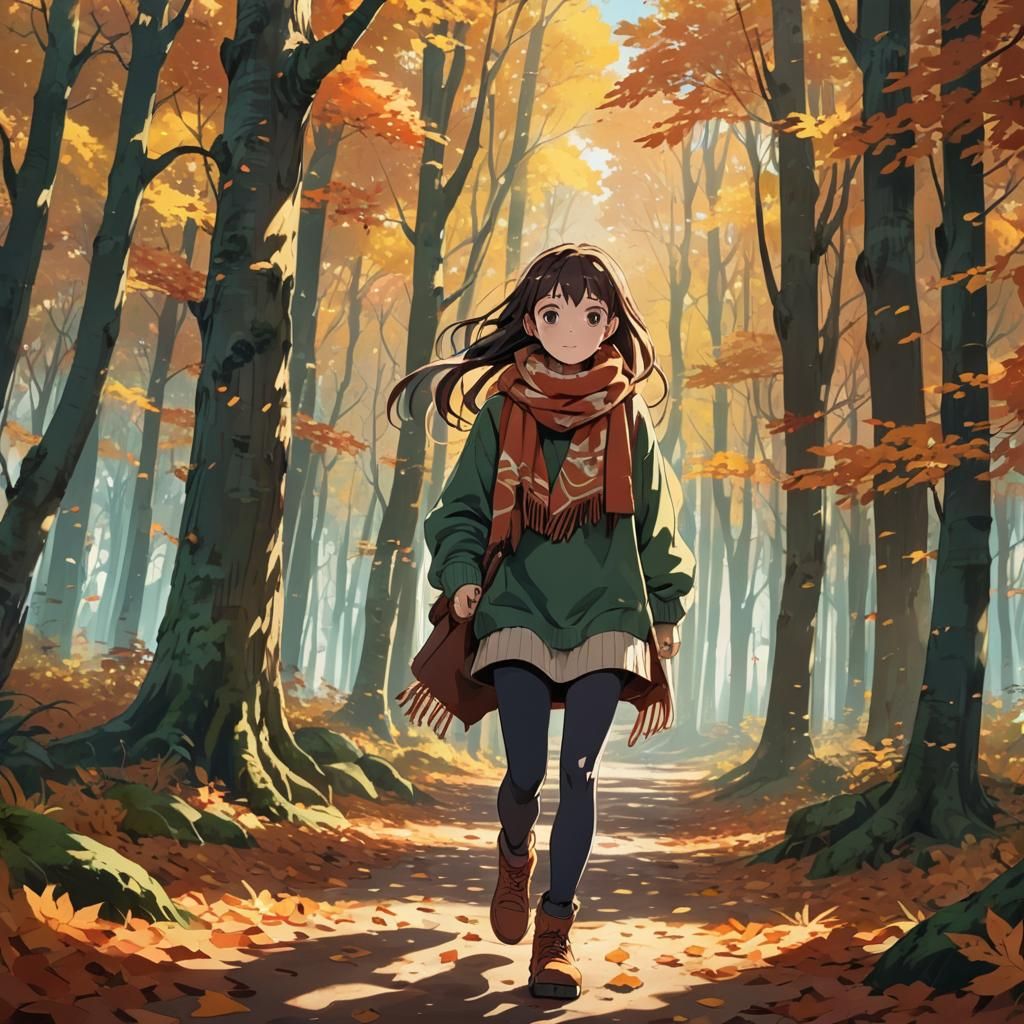 Anime Girl in Autumn Forest, Cel-Shaded Style