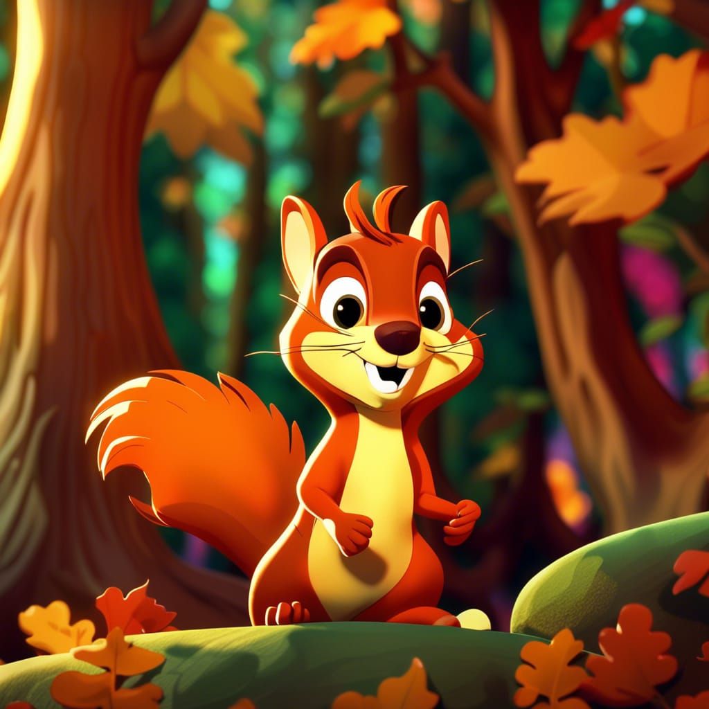 Cartoon Squirrel in Whimsical Forest, Animated Style
