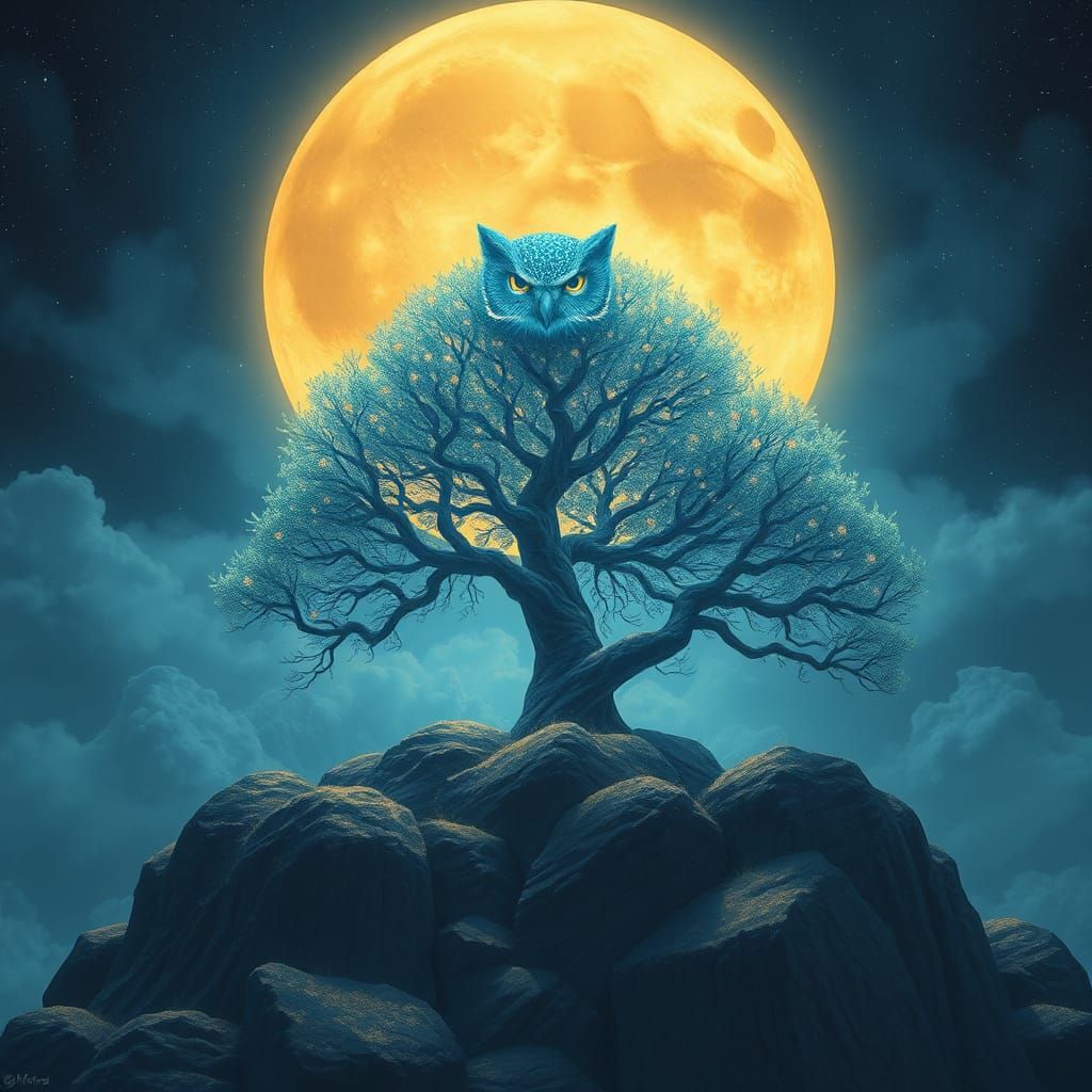 Surreal Blue Owl Leopard King of Time