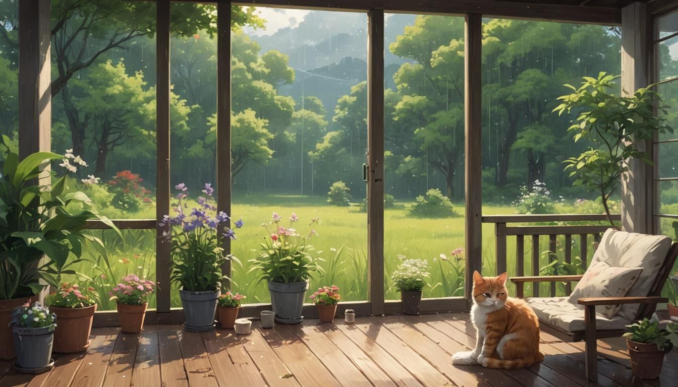 Serene Summer Meadow Porch View in Anime Style
