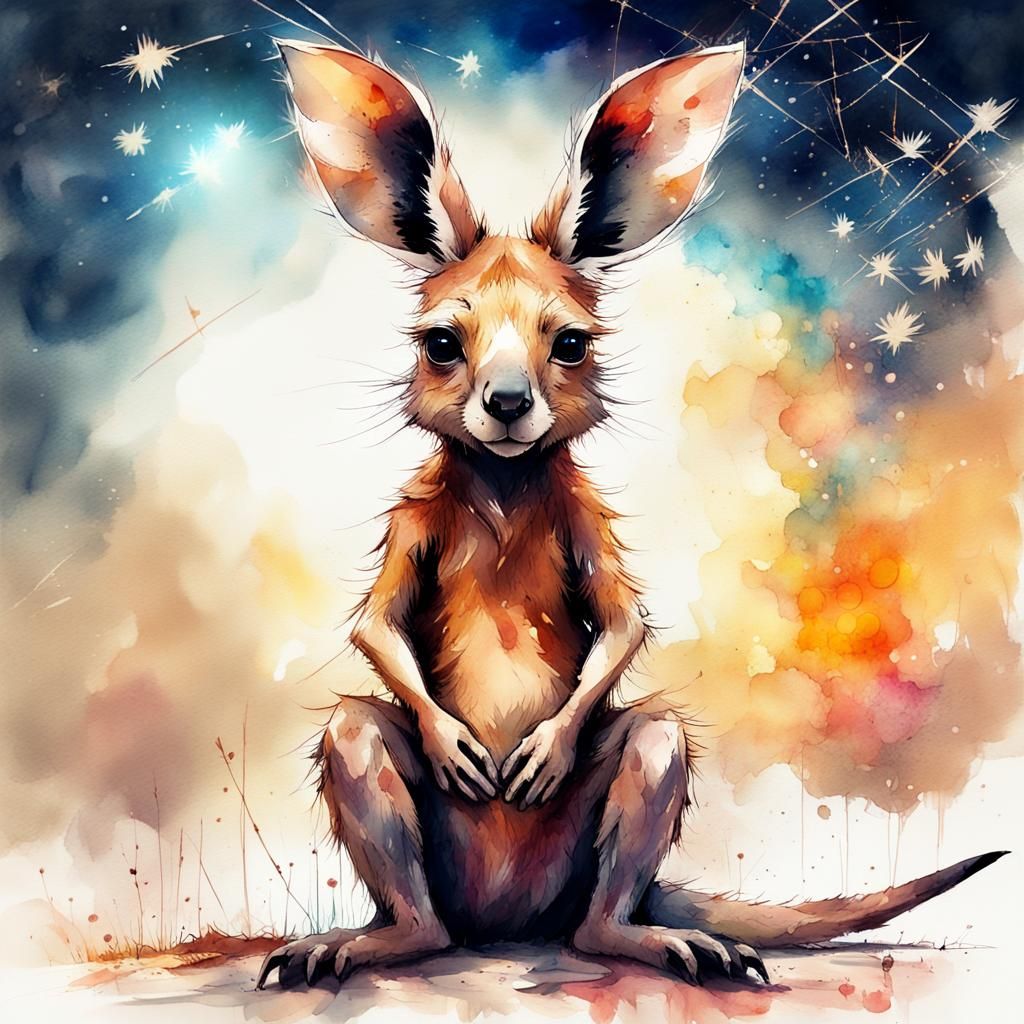 Chibi Kangaroo in Space: Digital Watercolor Art