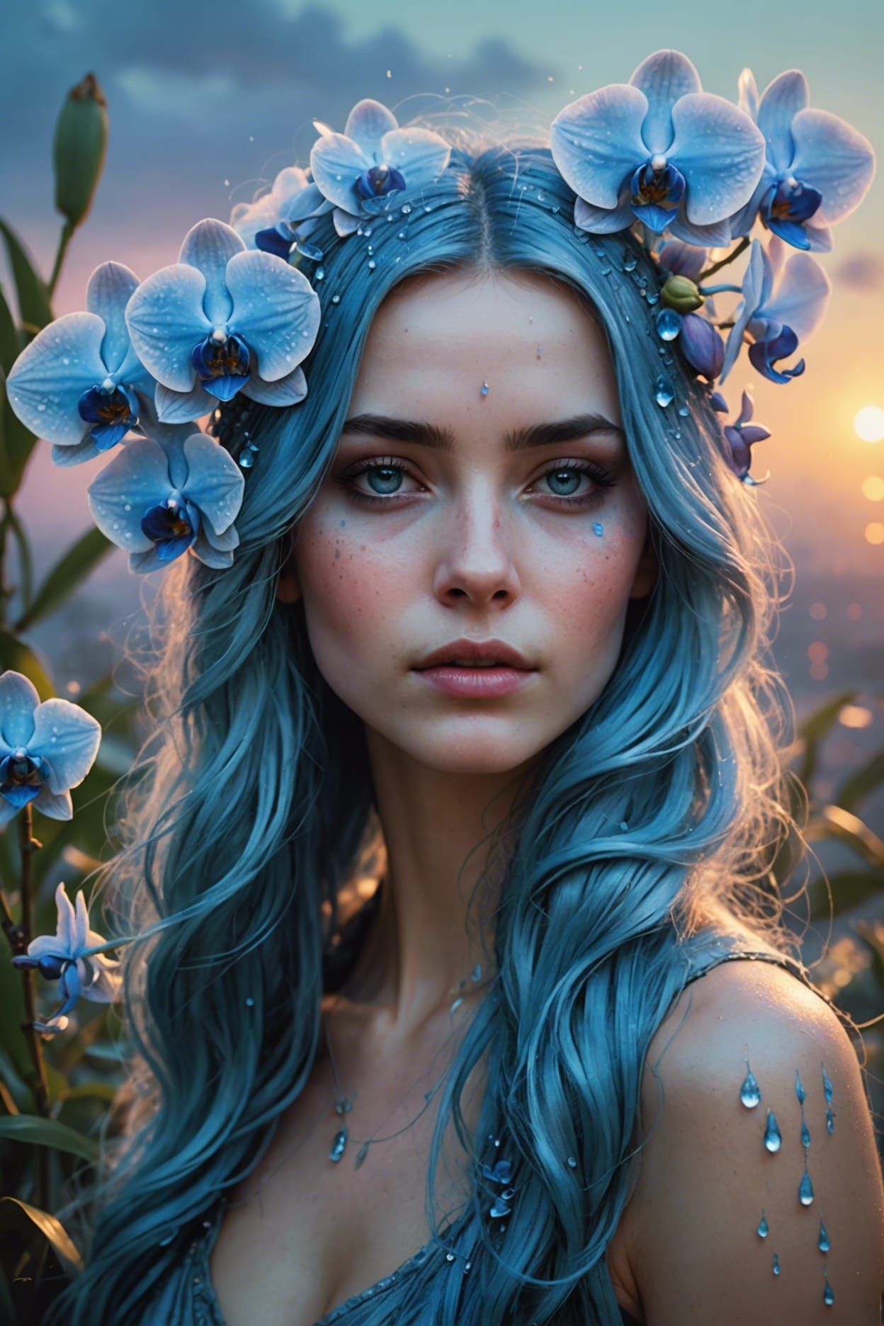 Blue-Haired Girl with Orchids, Watercolor Art Deco Portrait