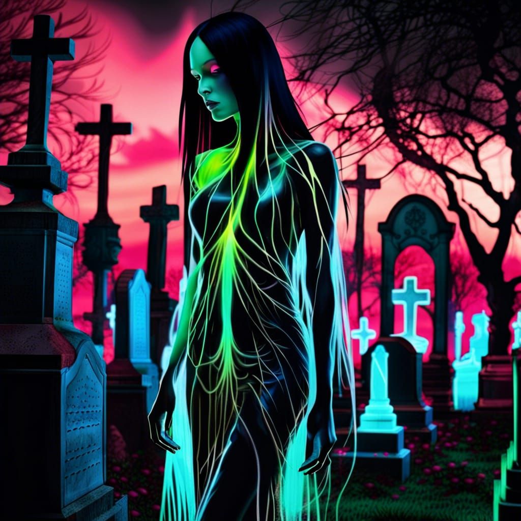Ethereal Wraith in Neon Cemetery