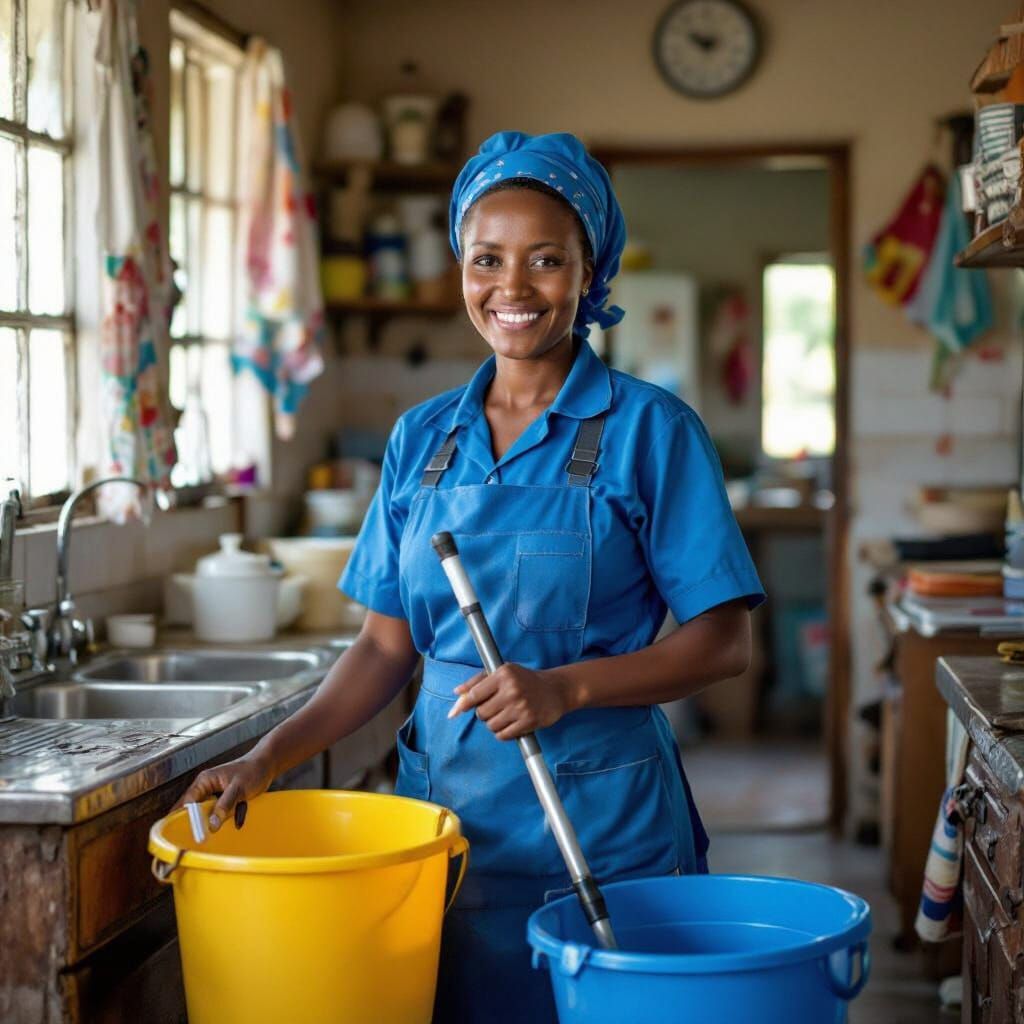 Ethiopian Woman in Cleaning Uniform Smiles Warmly