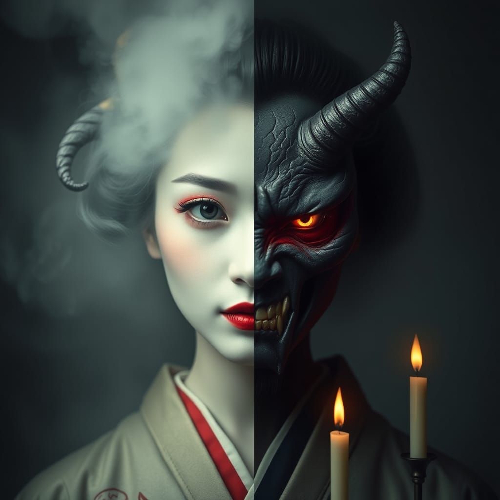 Geisha and Akumu Demon Face in Dark Surrealism