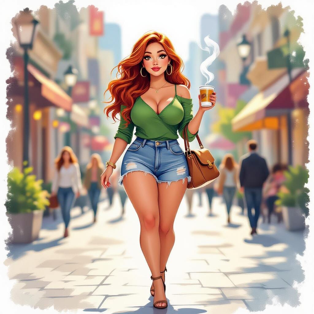 Woman Striding Through City with Mate, Watercolor Gouache St...