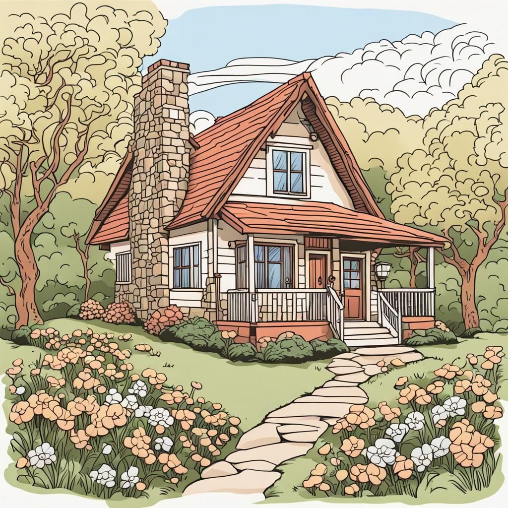 Cozy Spring Cottage in Colorful Line Art