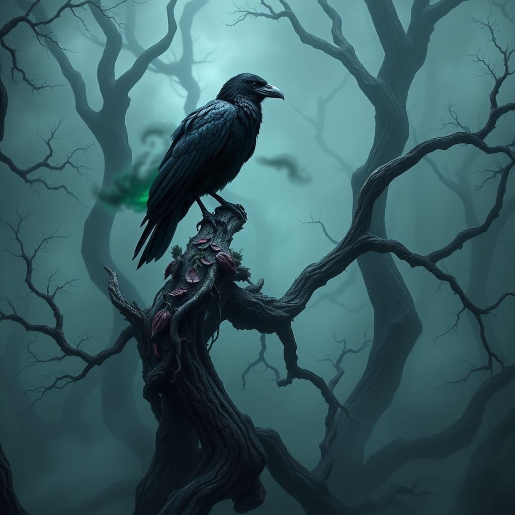 Mysterious Raven in a Dark Fantasy Forest Landscape