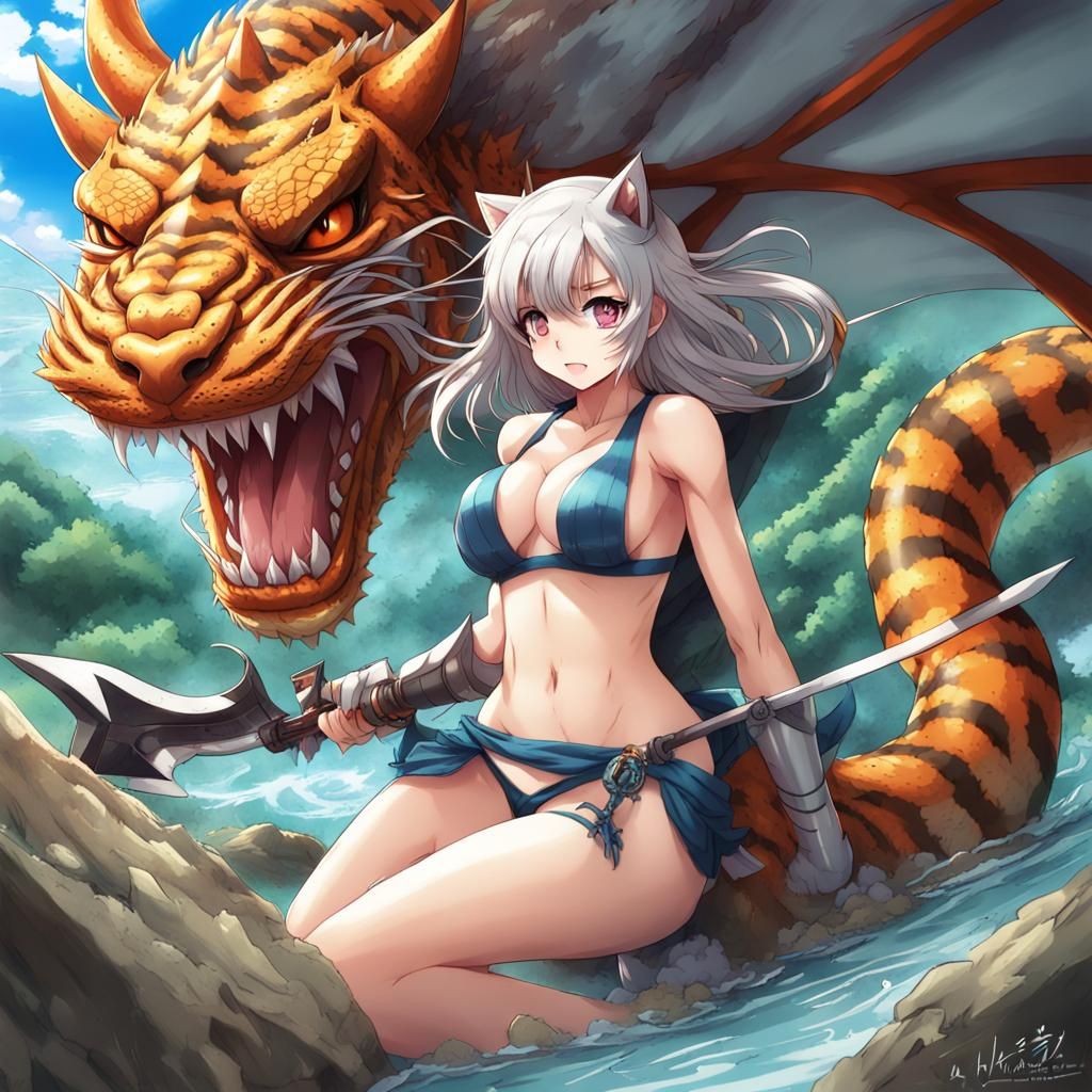 Anime Cat Warrior vs Dragon
