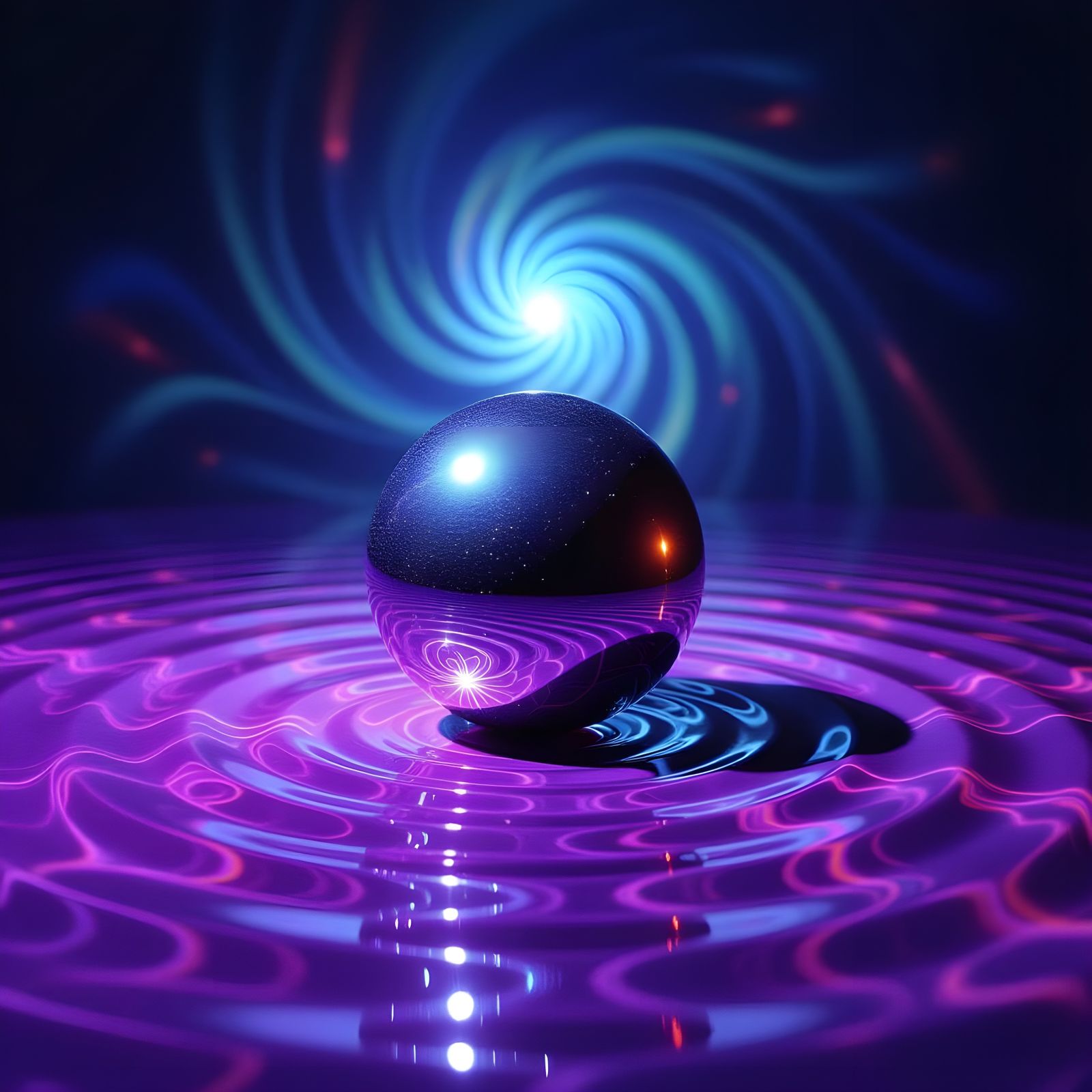 Holographic Steel Orb on Purple Surface
