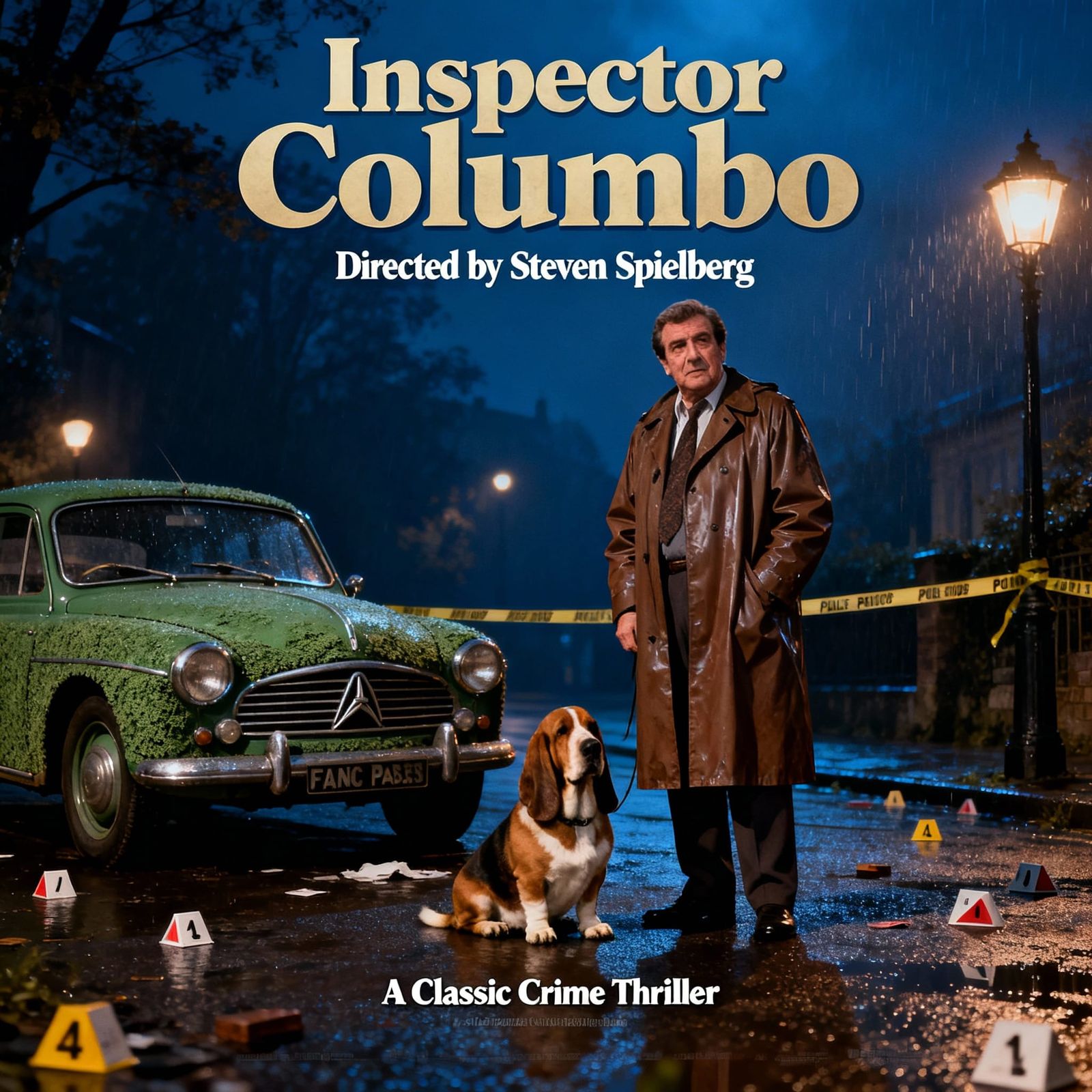 Inspector Columbo Movie Poster with Basset Hound and Peugeot