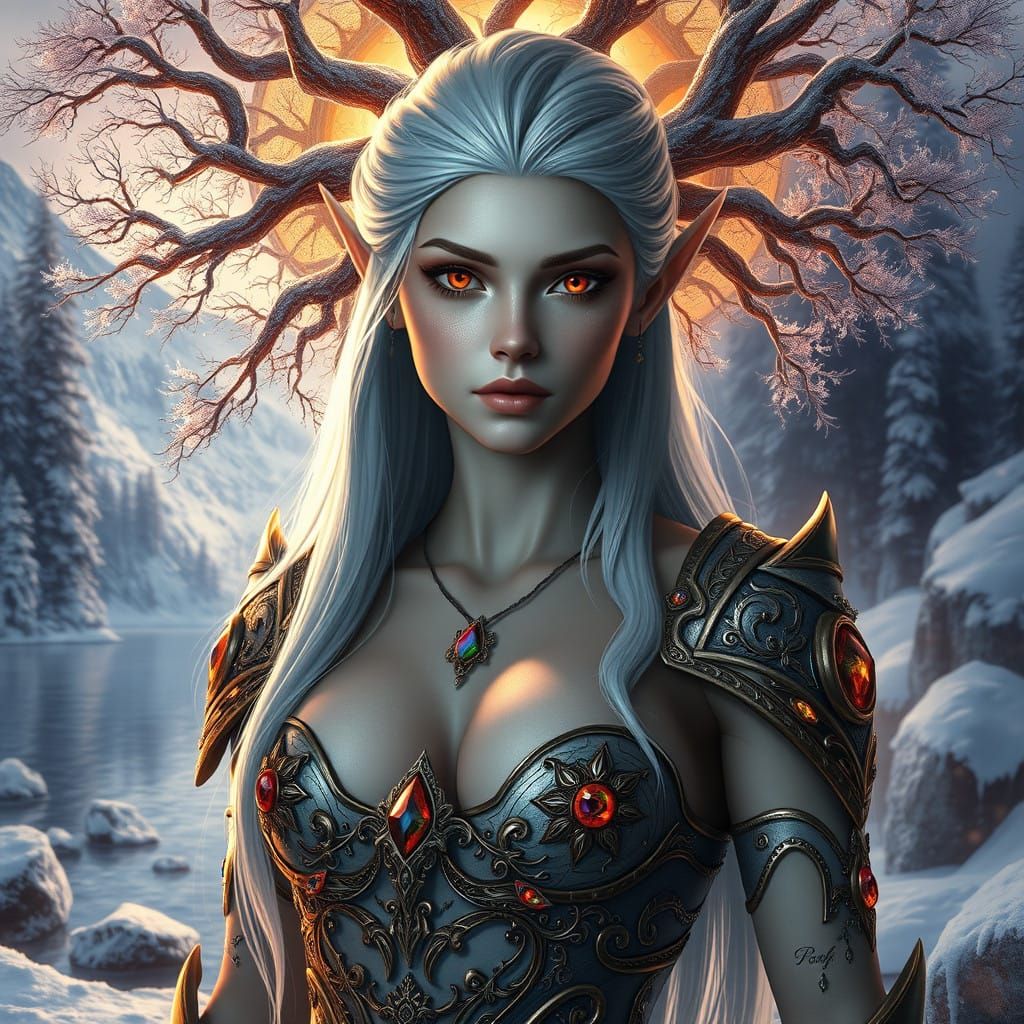 Serene Snowy Elf Goddess in Ethereal Armor