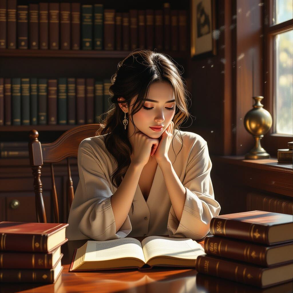 Meditative Woman Surrounded by Books in Earth Tones
