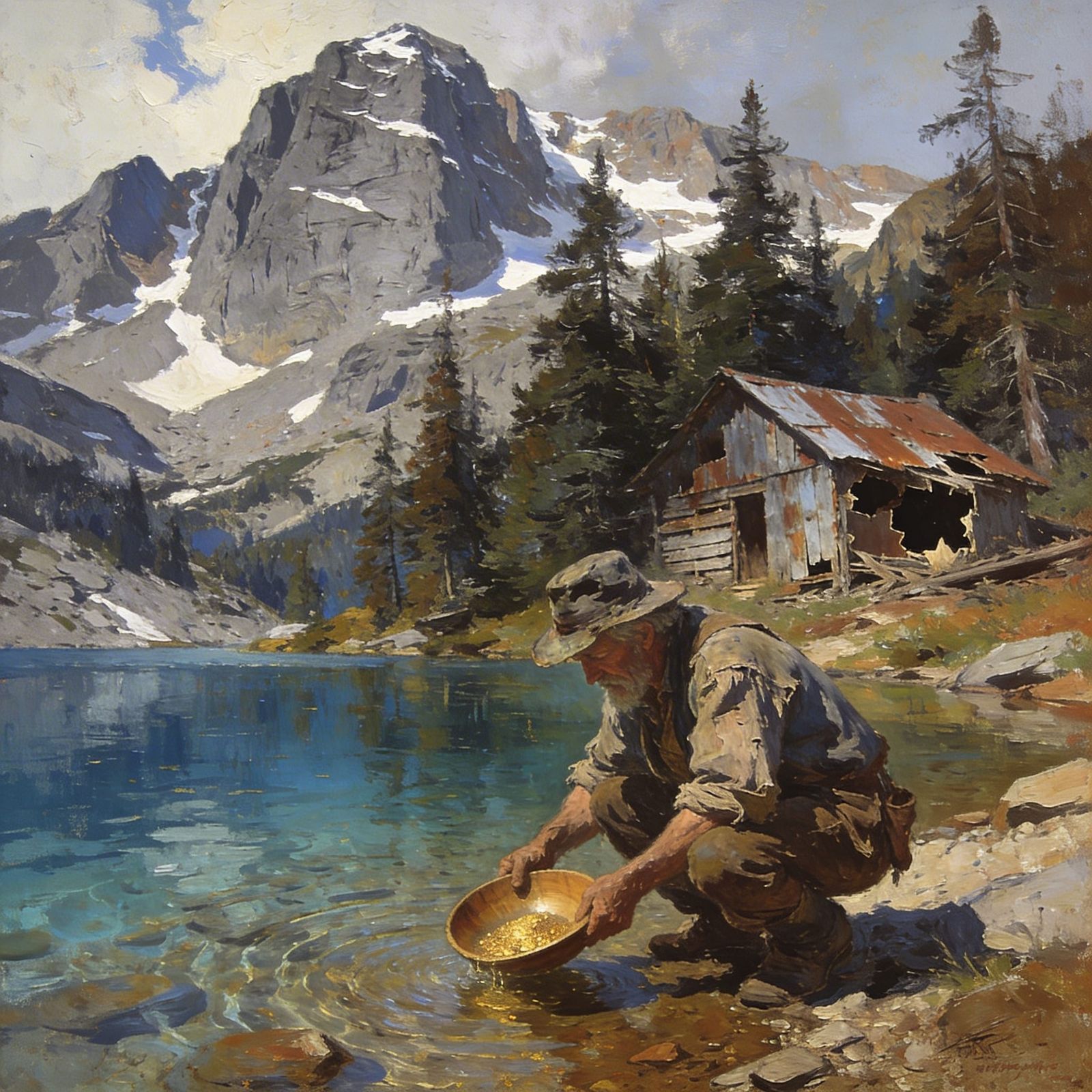Old Miner Panning for Gold by Mountain Lake