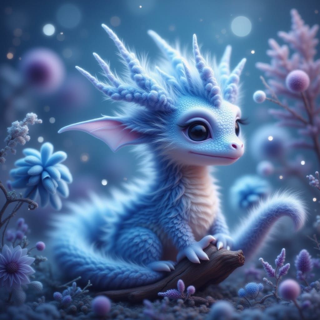 Cute Fluffy Baby Dragon in Dreamy Illustration Style