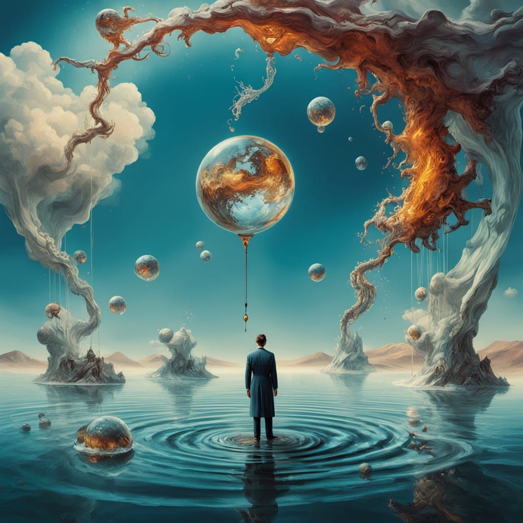 Surreal Landscape with Square Tree in Crystal Waterfall