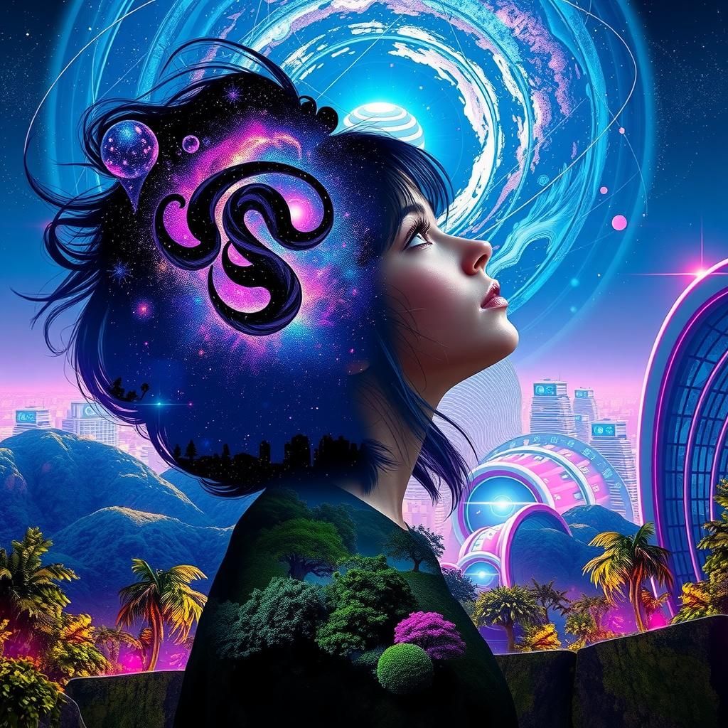 Dreaming Girl in Cyberpunk City with Galaxy Hair