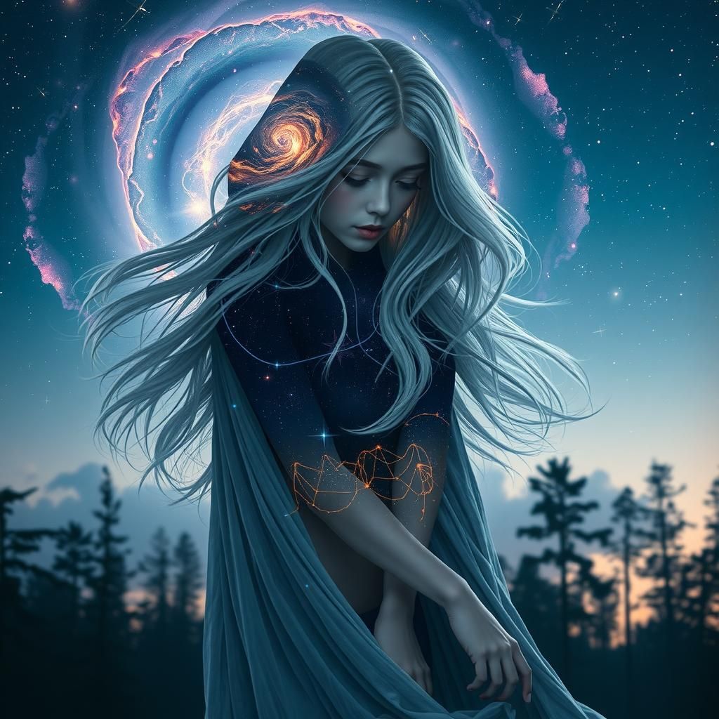 Neon Forest Galaxy Girl: Double Exposure Art