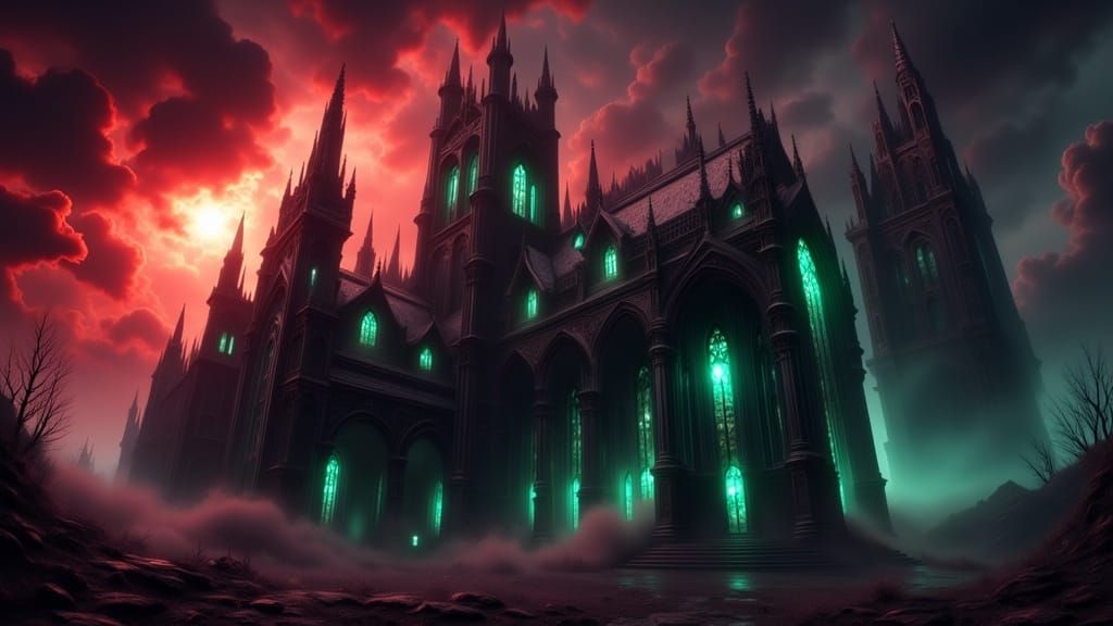 Foreboding Chapel of Perils Under Blood-Red Sky