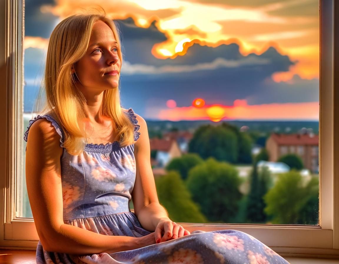 Dreamy Woman in Renaissance Sunset, Hyperdetailed Photograph