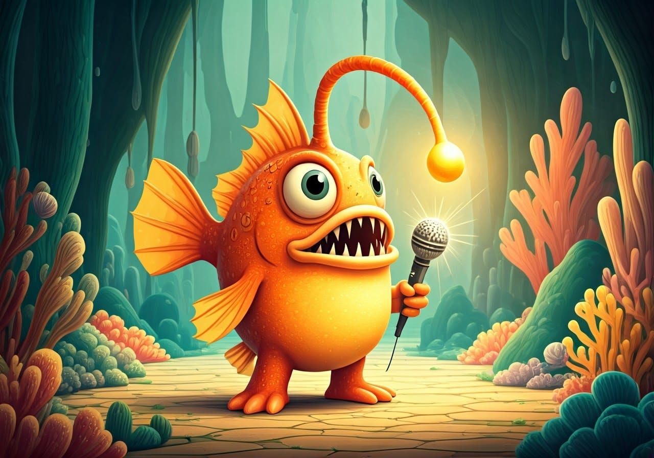 Cartoon Anglerfish Monster with Microphone in Glass Landscap...