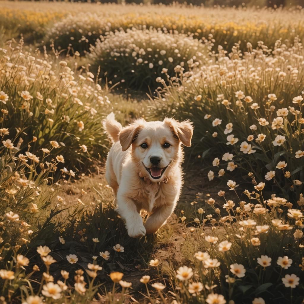 Puppy Runs Through Flower Field: Cinematic Film Still
