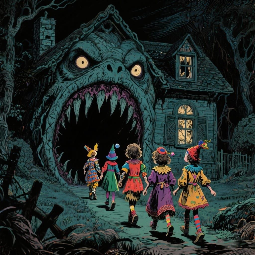 Children in Costumes Approach a House That Is a Giant Maw