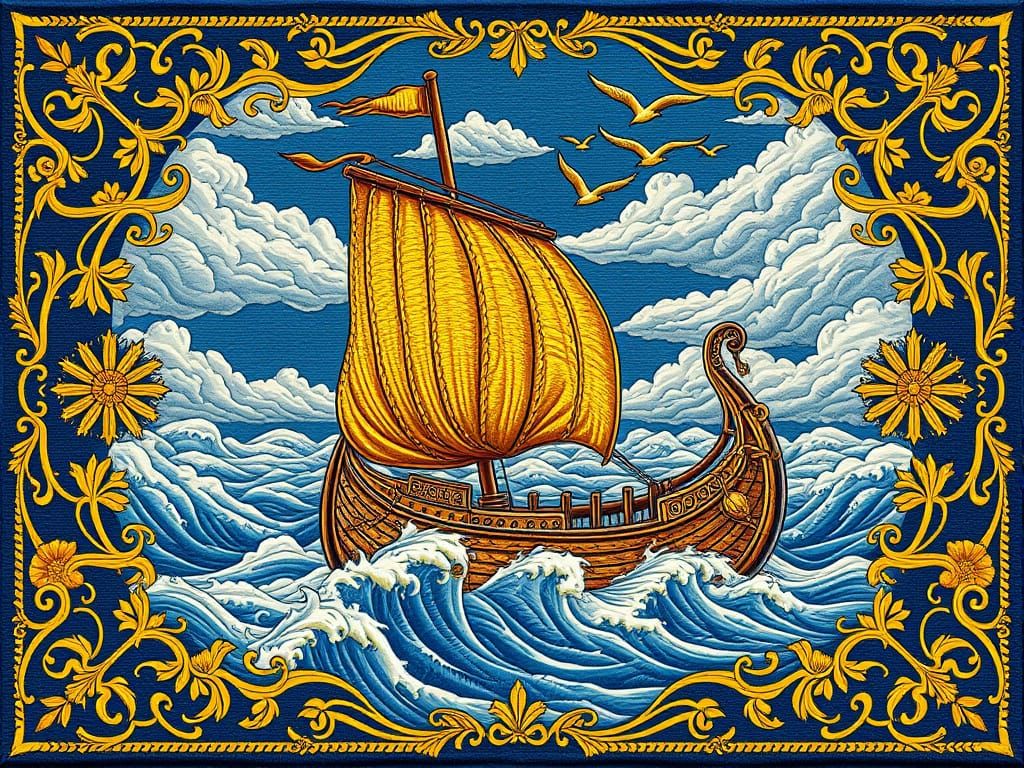 Viking Longship on Turbulent Seas in Textile Art Style