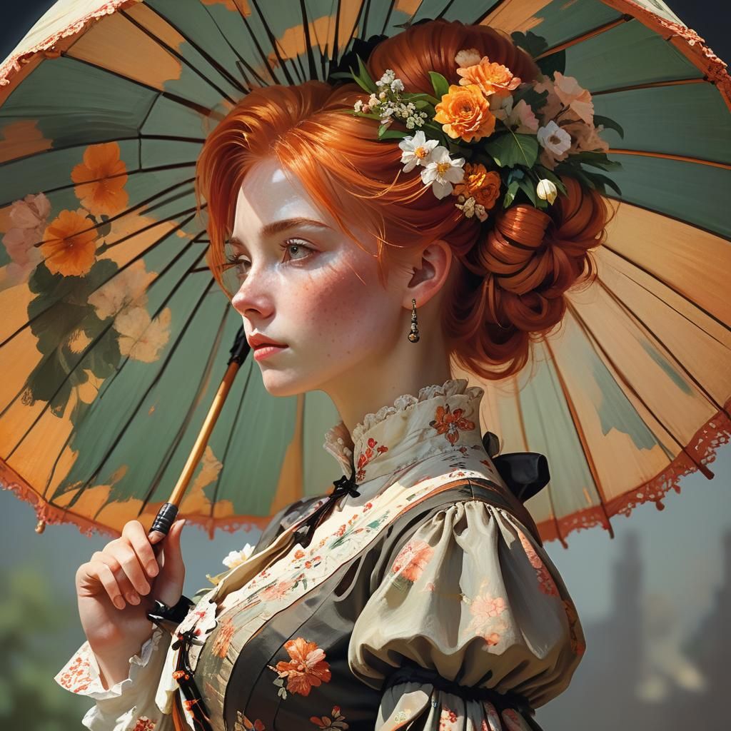 Victorian Woman with Parasol in Impressionistic Style