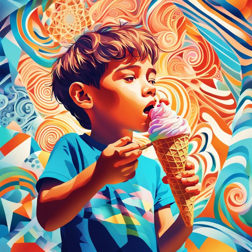 Boy Eating Ice Cream with Zentangle Hair, Digital Art