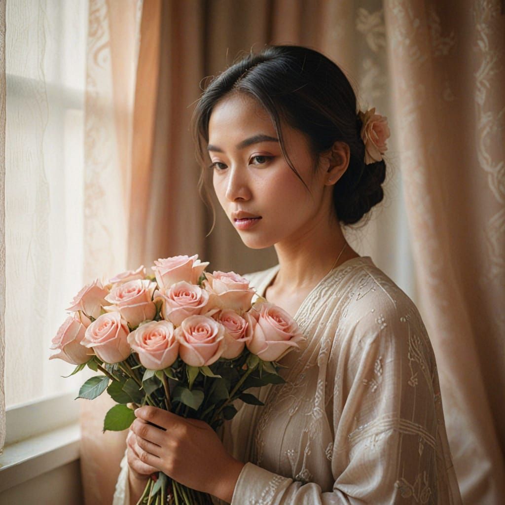 Javanese Woman with Roses in Soft Natural Light