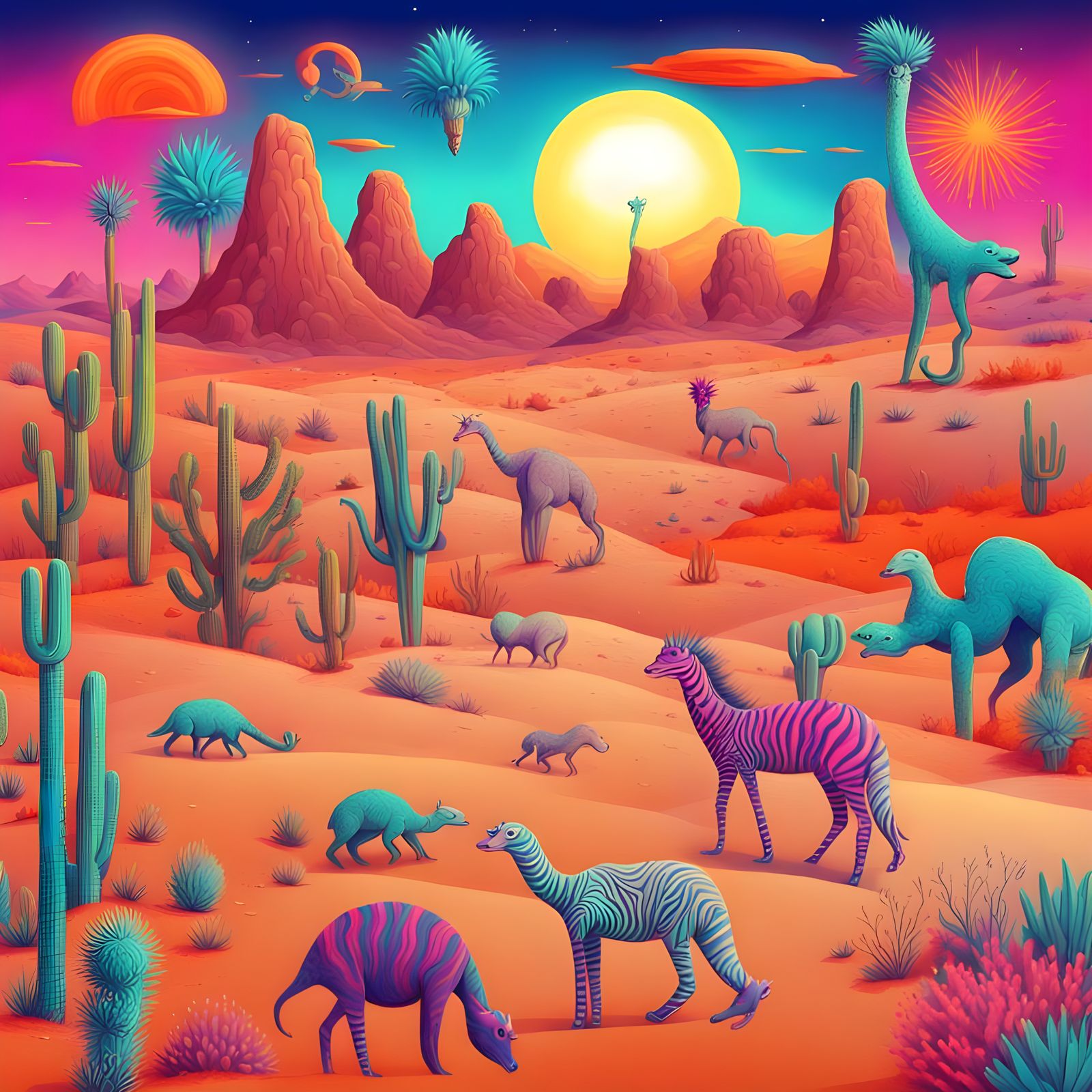 Surreal Desert Landscape with Colorful Animals