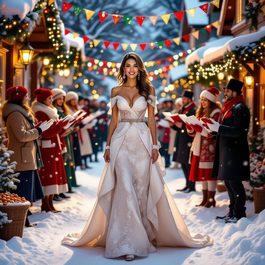 Glamorous Woman in Festive Winter Morning Dress