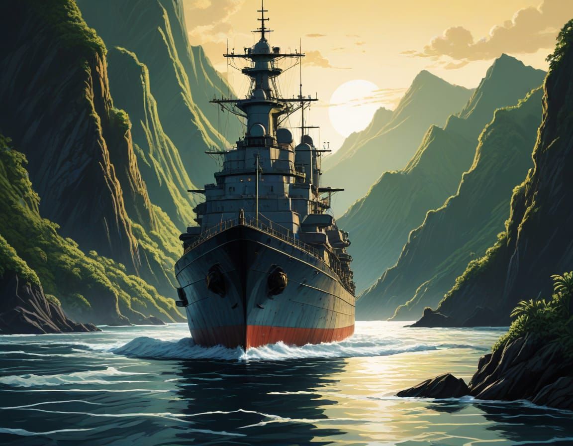 Surreal Battleship Departs Amidst Lush Hawaiian Landscape in...