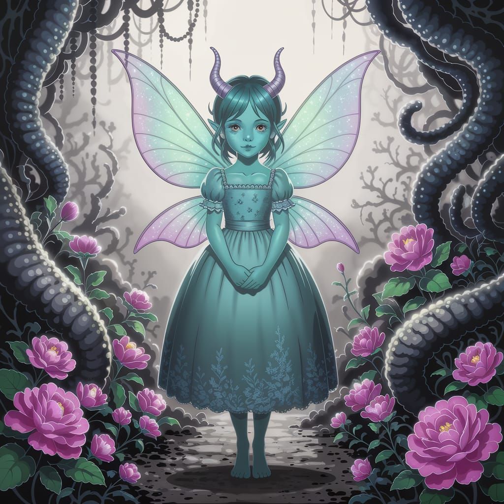 Teal Girl with Dragon Horns in Wonderland